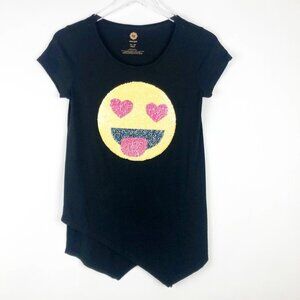 Total Girl T-Shirt Kids XL-16 Black Two Direction Sequin Emoji Asymmetrical Hem